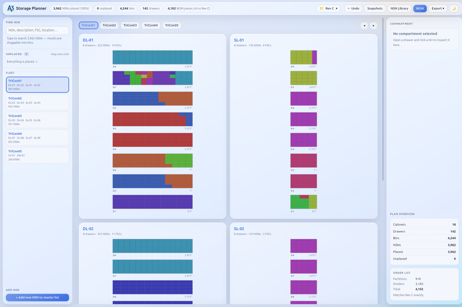 StoragePro Storage Planner showing cabinet drawer layouts with color-coded bins and a plan overview